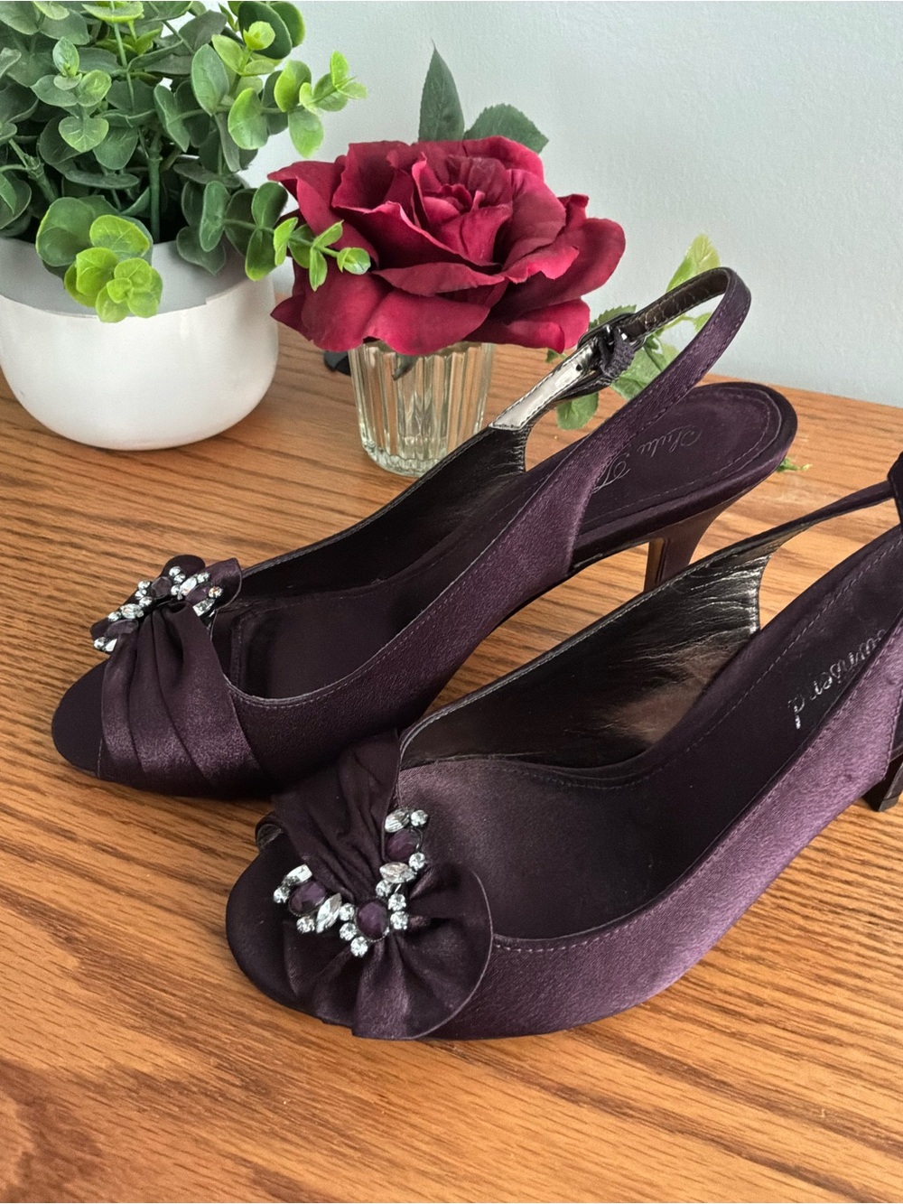 Lulu Townsend Deep Purple Satin Slingback Heels with Crystal Rosette